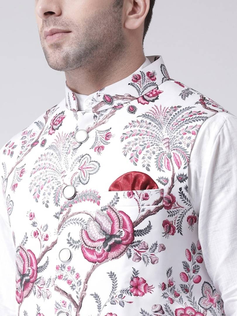Men's White Viscose
 Printed Nehru Jackets